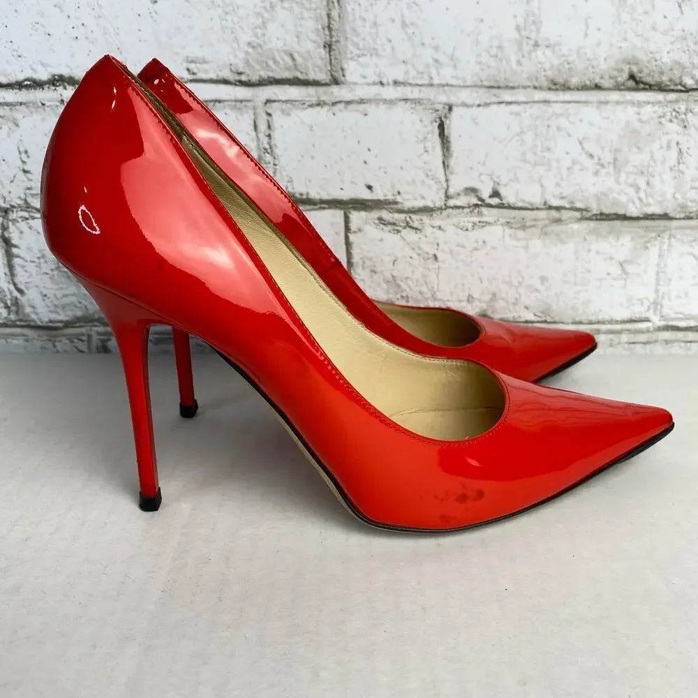 Jimmy Choo Heels Pumps Point Toe Stiletto Shoes Patent Leather Red 38 8 - Picture 3 of 15